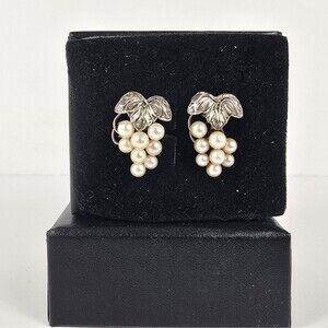Vintage Sterling Silver Genuine Pearls Grape Leaf Cluster Earrings Screwback